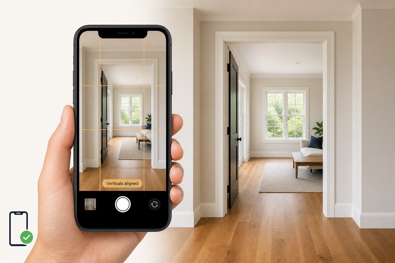 Phone held vertically with camera grid lines aligned to a doorway